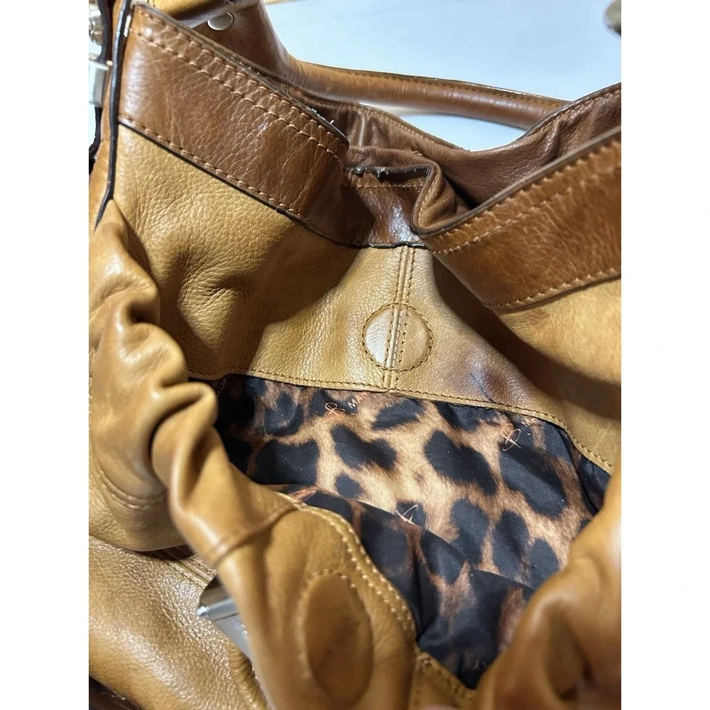 B. Makowsky Brown/Tan Leather Hobo Drawstring Shoulder Bag EUC
